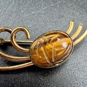 WRE WE Richards 12K Gold Filled Tigers Eye Scarab Brooch VTG Egyptian Revival